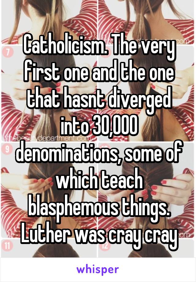 Catholicism. The very first one and the one that hasnt diverged into 30,000 denominations, some of which teach blasphemous things. Luther was cray cray