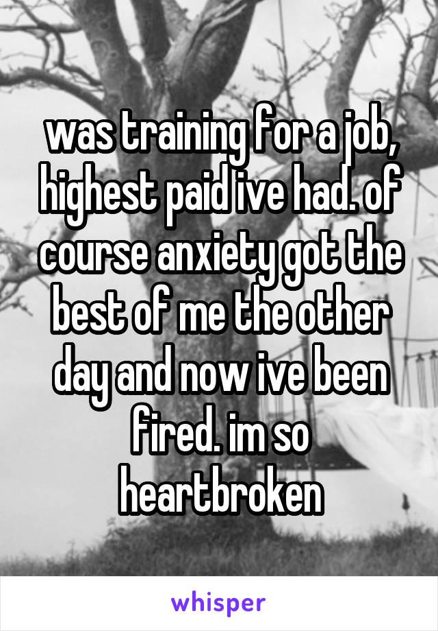 was training for a job, highest paid ive had. of course anxiety got the best of me the other day and now ive been fired. im so heartbroken