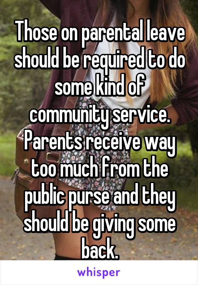Those on parental leave should be required to do some kind of community service. Parents receive way too much from the public purse and they should be giving some back.