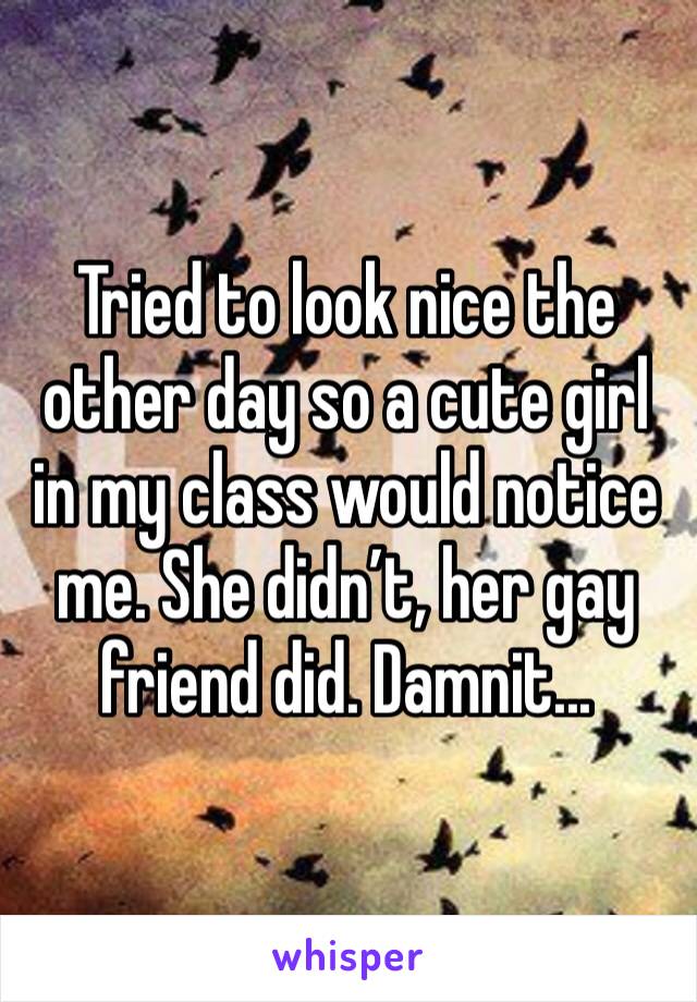 Tried to look nice the other day so a cute girl in my class would notice me. She didn’t, her gay friend did. Damnit...