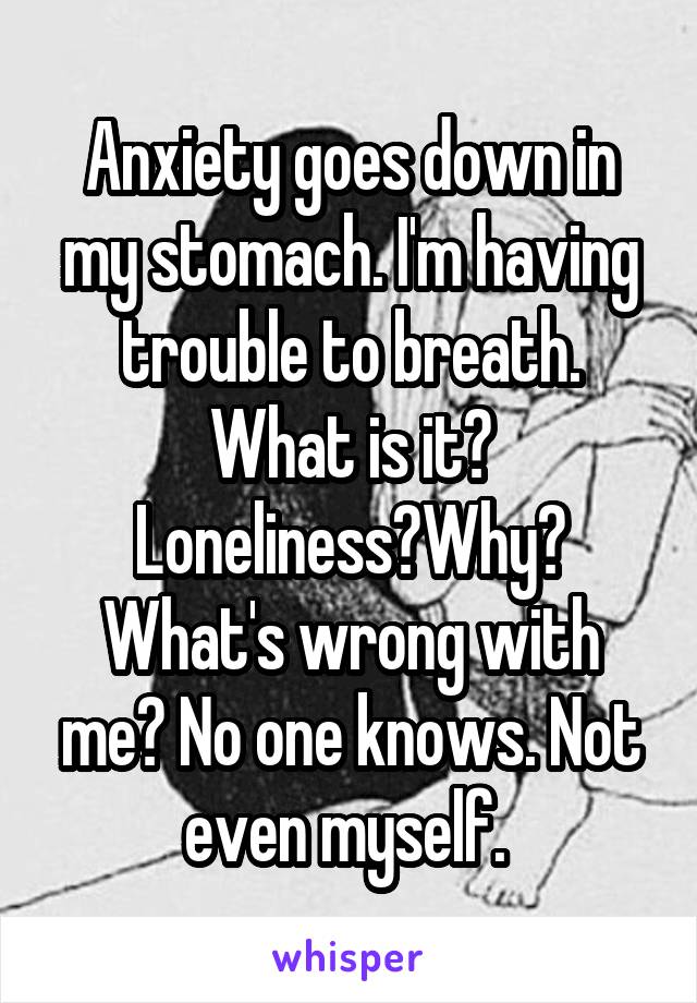 Anxiety goes down in my stomach. I'm having trouble to breath. What is it? Loneliness?Why? What's wrong with me? No one knows. Not even myself. 