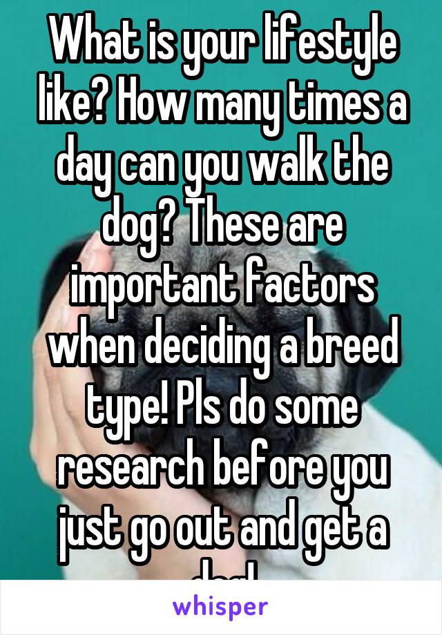 What is your lifestyle like? How many times a day can you walk the dog? These are important factors when deciding a breed type! Pls do some research before you just go out and get a dog!