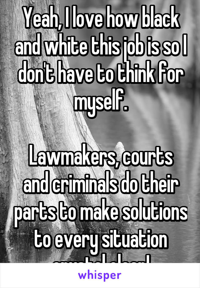 Yeah, I love how black and white this job is so I don't have to think for myself.

Lawmakers, courts and criminals do their parts to make solutions to every situation crystal clear!