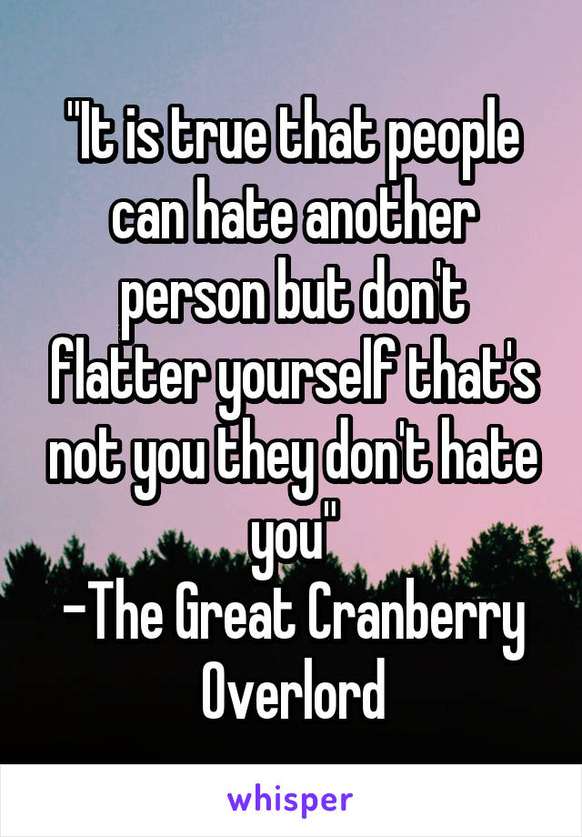 "It is true that people can hate another person but don't flatter yourself that's not you they don't hate you"
-The Great Cranberry Overlord