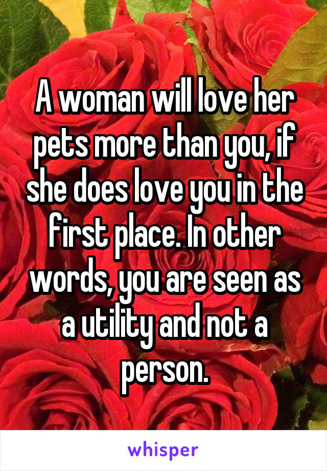 A woman will love her pets more than you, if she does love you in the first place. In other words, you are seen as a utility and not a person.