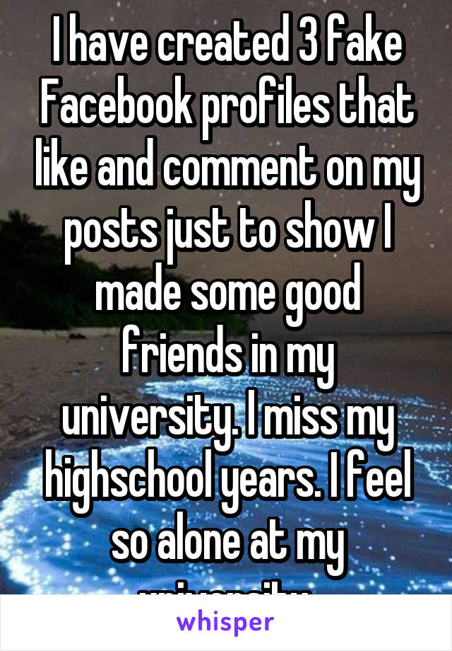 I have created 3 fake Facebook profiles that like and comment on my posts just to show I made some good friends in my university. I miss my highschool years. I feel so alone at my university 