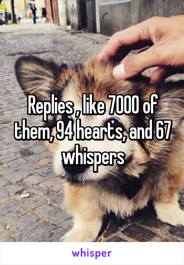 Replies , like 7000 of them, 94 hearts, and 67 whispers