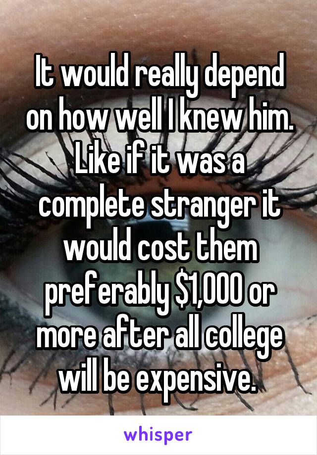 It would really depend on how well I knew him. Like if it was a complete stranger it would cost them preferably $1,000 or more after all college will be expensive. 