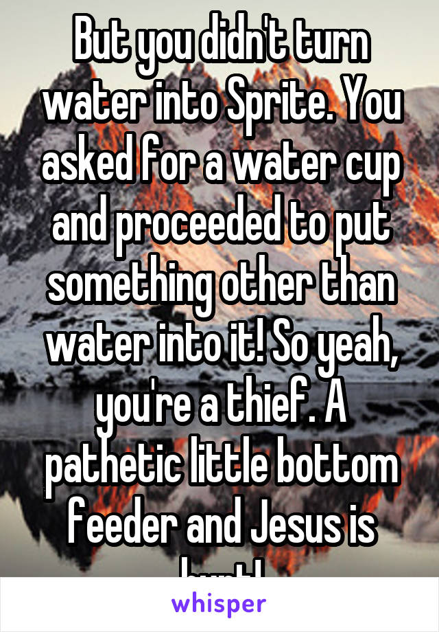 But you didn't turn water into Sprite. You asked for a water cup and proceeded to put something other than water into it! So yeah, you're a thief. A pathetic little bottom feeder and Jesus is hurt!