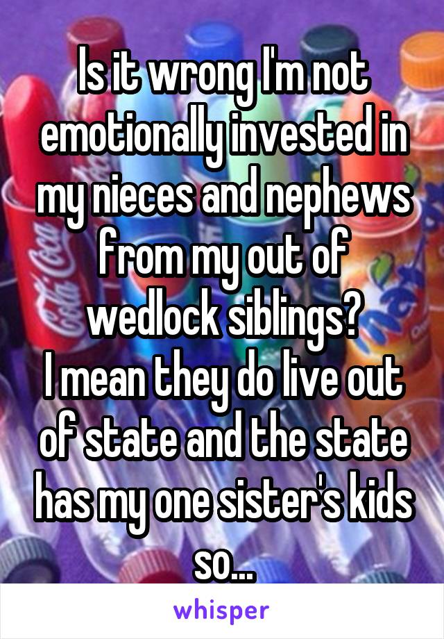 Is it wrong I'm not emotionally invested in my nieces and nephews from my out of wedlock siblings?
I mean they do live out of state and the state has my one sister's kids so...