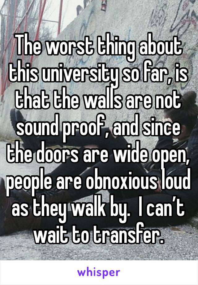 The worst thing about this university so far, is that the walls are not sound proof, and since the doors are wide open, people are obnoxious loud as they walk by.  I can’t wait to transfer.