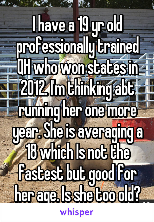 I have a 19 yr old professionally trained QH who won states in 2012. I'm thinking abt running her one more year. She is averaging a 18 which Is not the fastest but good for her age. Is she too old?