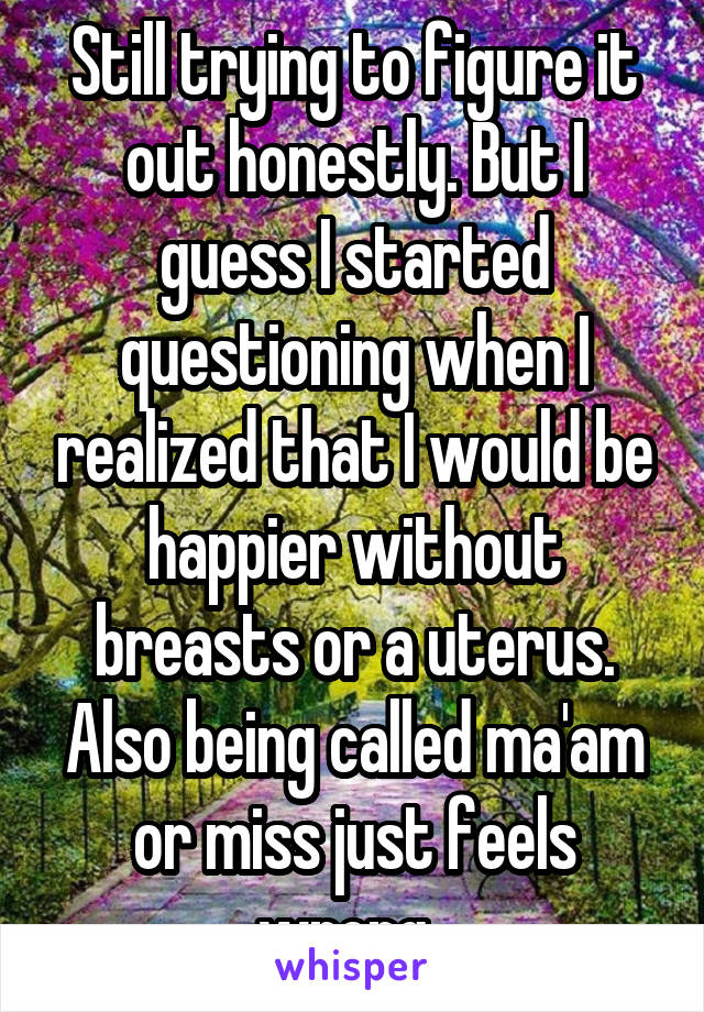 Still trying to figure it out honestly. But I guess I started questioning when I realized that I would be happier without breasts or a uterus. Also being called ma'am or miss just feels wrong. 