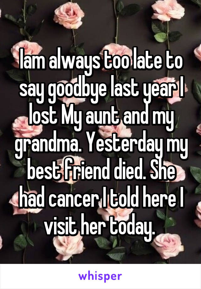 Iam always too late to say goodbye last year I lost My aunt and my grandma. Yesterday my best friend died. She had cancer I told here I visit her today. 