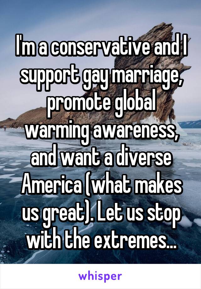 I'm a conservative and I support gay marriage, promote global warming awareness, and want a diverse America (what makes us great). Let us stop with the extremes...