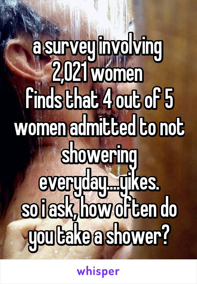 a survey involving 
2,021 women 
finds that 4 out of 5 women admitted to not showering everyday....yikes.
so i ask, how often do you take a shower?