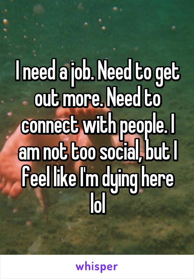 I need a job. Need to get out more. Need to connect with people. I am not too social, but I feel like I'm dying here lol