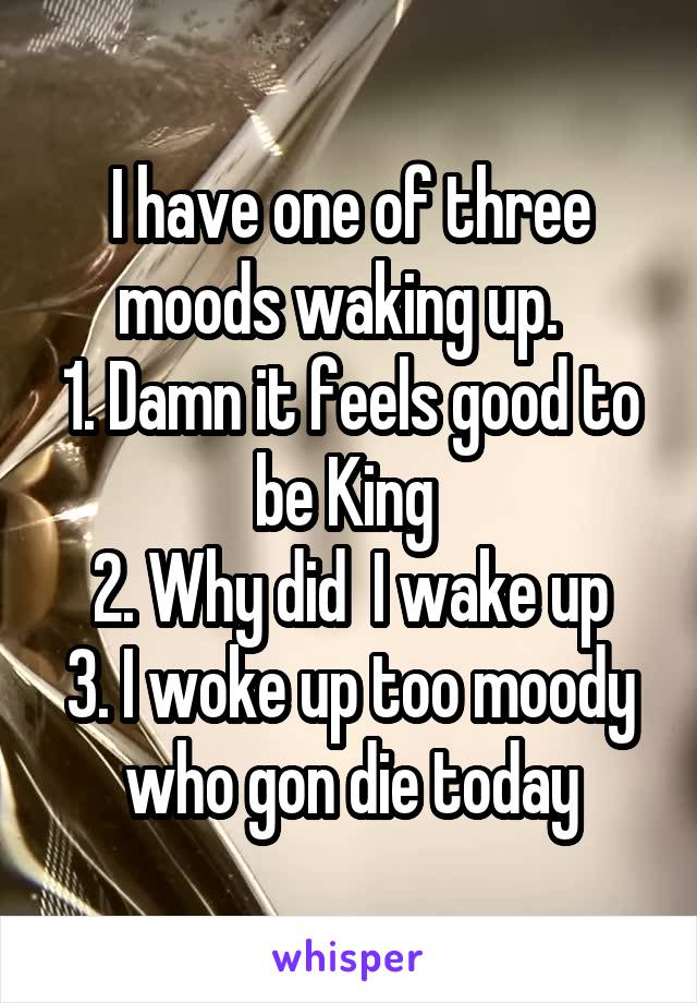 I have one of three moods waking up.  
1. Damn it feels good to be King 
2. Why did  I wake up
3. I woke up too moody who gon die today