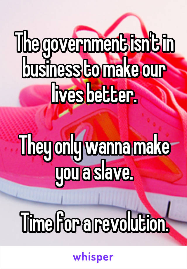 The government isn't in business to make our lives better.

They only wanna make you a slave.

Time for a revolution.