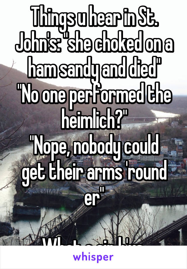 Things u hear in St. John's: "she choked on a ham sandy and died"
"No one performed the heimlich?"
"Nope, nobody could get their arms 'round er"

What a sin b'ys.