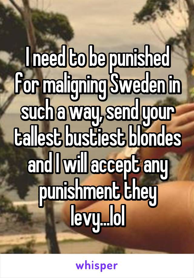 I need to be punished for maligning Sweden in such a way, send your tallest bustiest blondes and I will accept any punishment they levy...lol