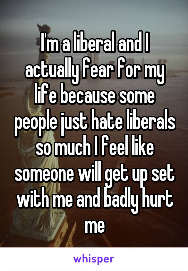 I'm a liberal and I actually fear for my life because some people just hate liberals so much I feel like someone will get up set with me and badly hurt me