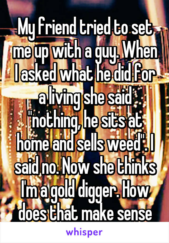 My friend tried to set me up with a guy. When I asked what he did for a living she said "nothing, he sits at home and sells weed". I said no. Now she thinks I'm a gold digger. How does that make sense