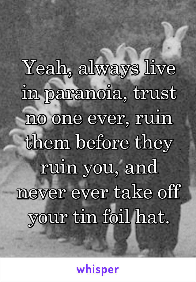 Yeah, always live in paranoia, trust no one ever, ruin them before they ruin you, and never ever take off your tin foil hat.