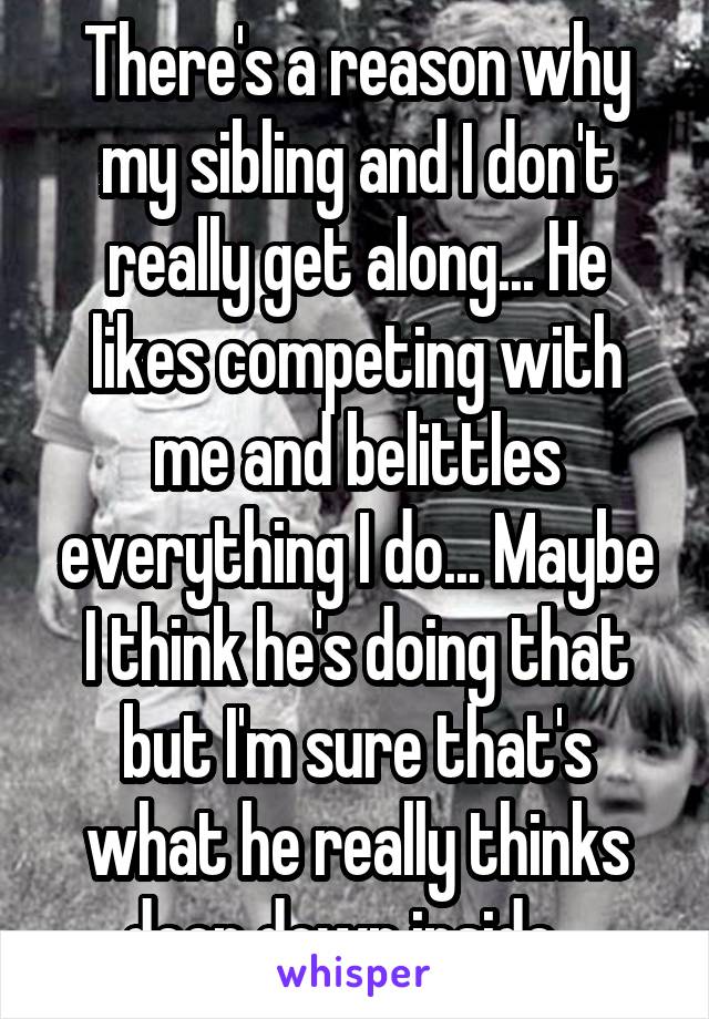 There's a reason why my sibling and I don't really get along... He likes competing with me and belittles everything I do... Maybe I think he's doing that but I'm sure that's what he really thinks deep down inside...