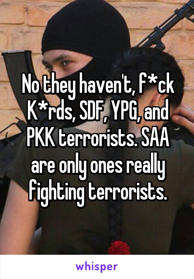 No they haven't, f*ck K*rds, SDF, YPG, and PKK terrorists. SAA are only ones really fighting terrorists.