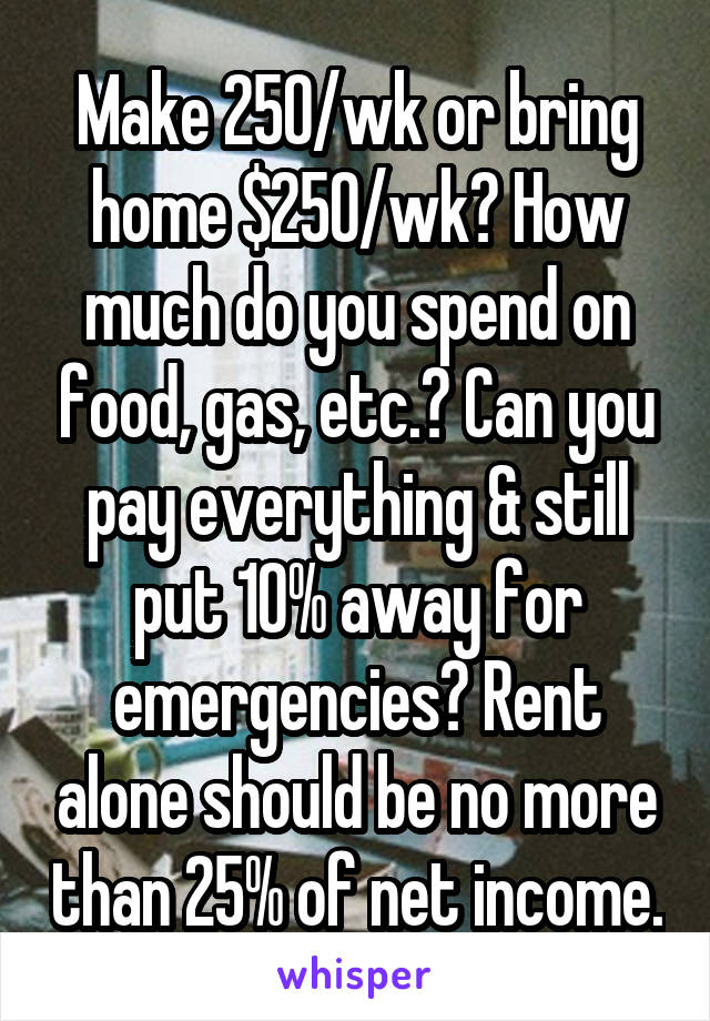 Make 250/wk or bring home $250/wk? How much do you spend on food, gas, etc.? Can you pay everything & still put 10% away for emergencies? Rent alone should be no more than 25% of net income.