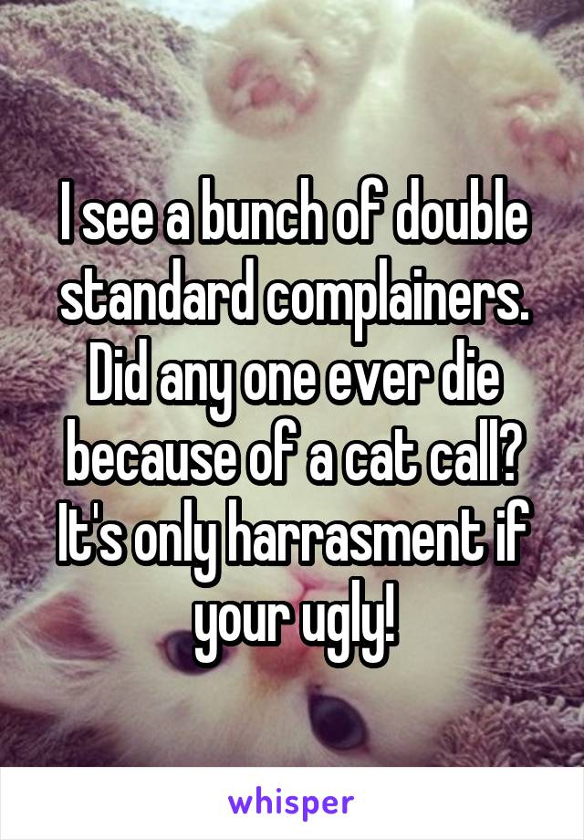 I see a bunch of double standard complainers. Did any one ever die because of a cat call? It's only harrasment if your ugly!
