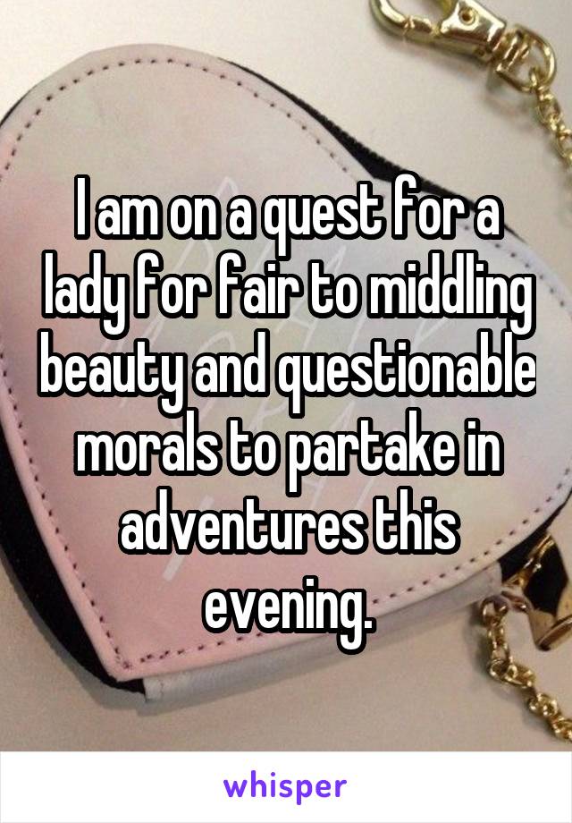 I am on a quest for a lady for fair to middling beauty and questionable morals to partake in adventures this evening.