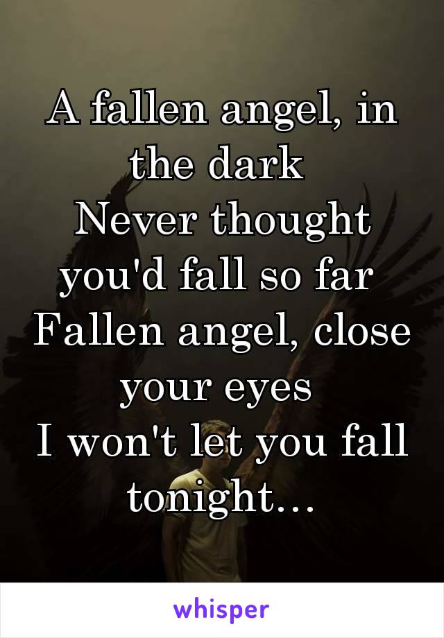 A fallen angel, in the dark 
Never thought you'd fall so far 
Fallen angel, close your eyes 
I won't let you fall tonight…