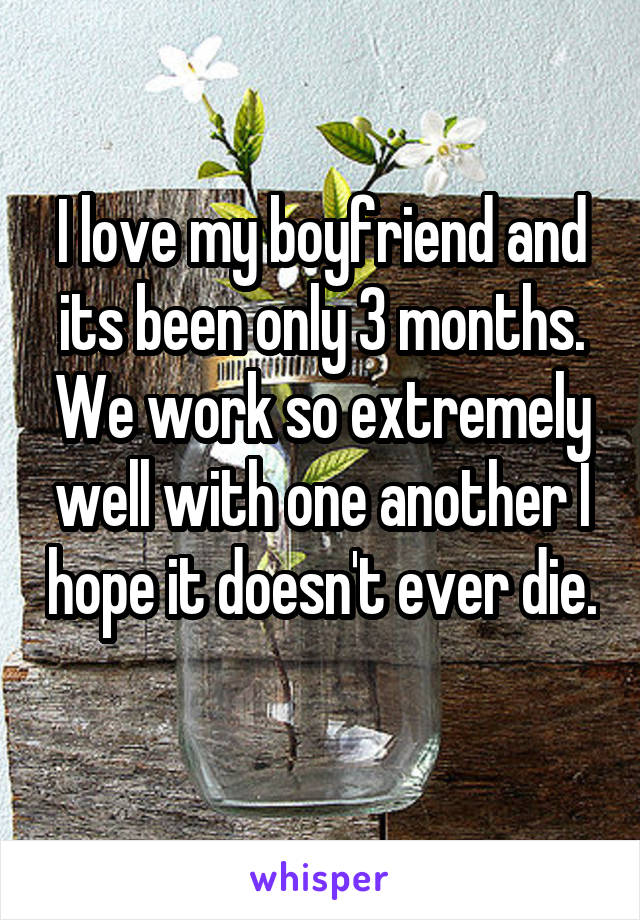 I love my boyfriend and its been only 3 months. We work so extremely well with one another I hope it doesn't ever die. 