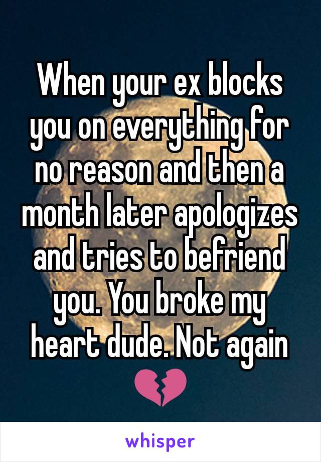 When your ex blocks you on everything for no reason and then a month later apologizes and tries to befriend you. You broke my heart dude. Not again 💔