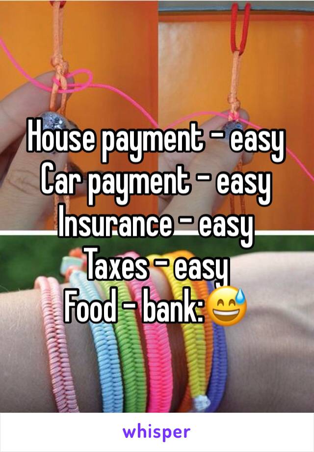House payment - easy 
Car payment - easy 
Insurance - easy 
Taxes - easy 
Food - bank:😅