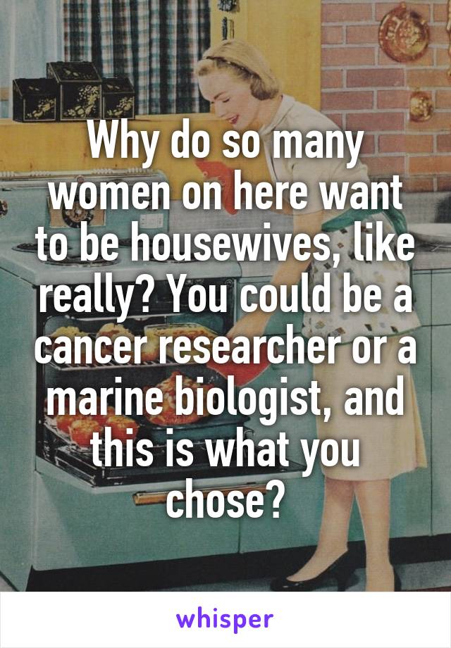 Why do so many women on here want to be housewives, like really? You could be a cancer researcher or a marine biologist, and this is what you chose?