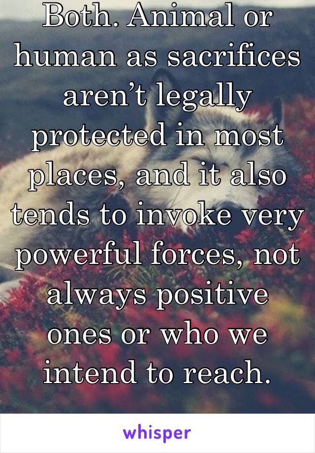 Both. Animal or human as sacrifices aren’t legally protected in most places, and it also tends to invoke very powerful forces, not always positive ones or who we intend to reach.