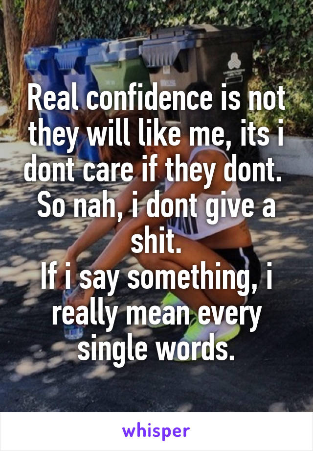 Real confidence is not they will like me, its i dont care if they dont. 
So nah, i dont give a shit.
If i say something, i really mean every single words.