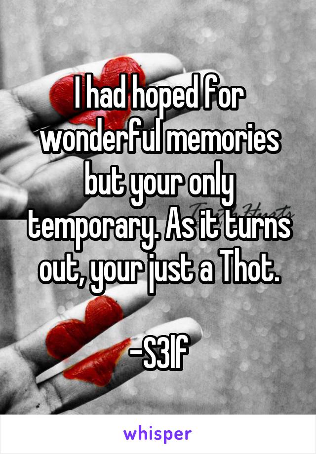 I had hoped for wonderful memories but your only temporary. As it turns out, your just a Thot.

-S3lf