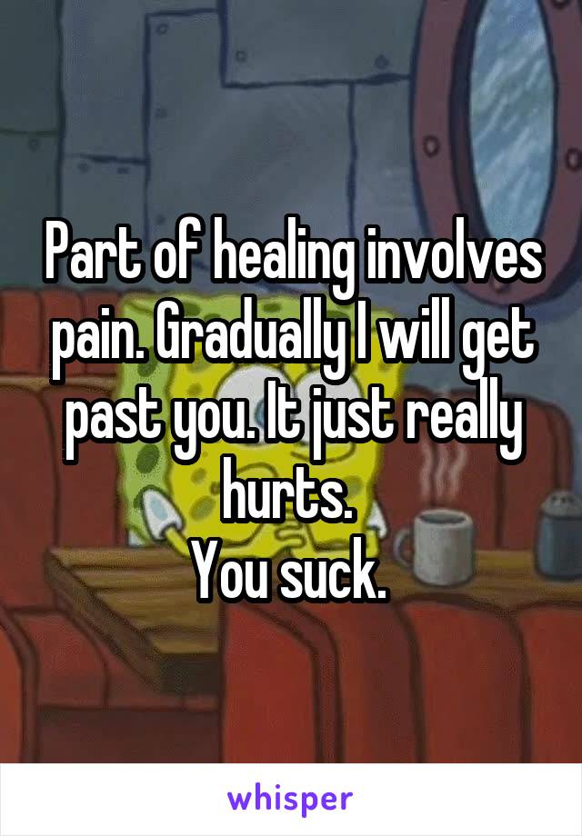 Part of healing involves pain. Gradually I will get past you. It just really hurts. 
You suck. 