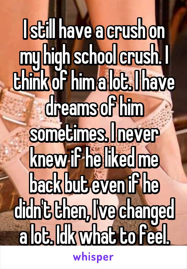 I still have a crush on my high school crush. I think of him a lot. I have dreams of him sometimes. I never knew if he liked me back but even if he didn't then, I've changed a lot. Idk what to feel.
