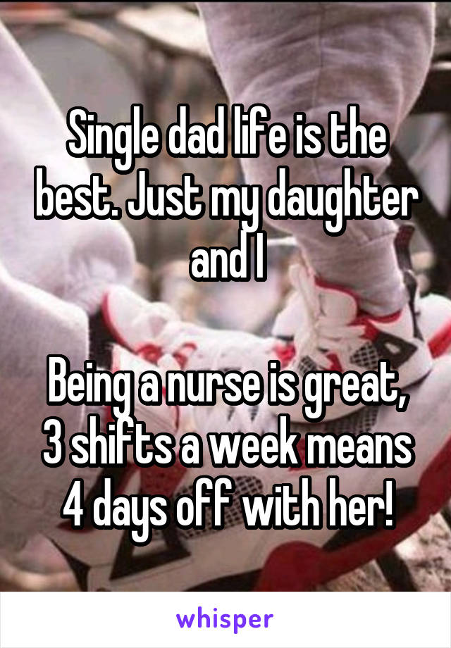 Single dad life is the best. Just my daughter and I

Being a nurse is great, 3 shifts a week means 4 days off with her!