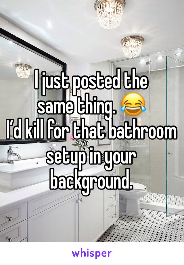 I just posted the same thing. 😂
I’d kill for that bathroom setup in your background.