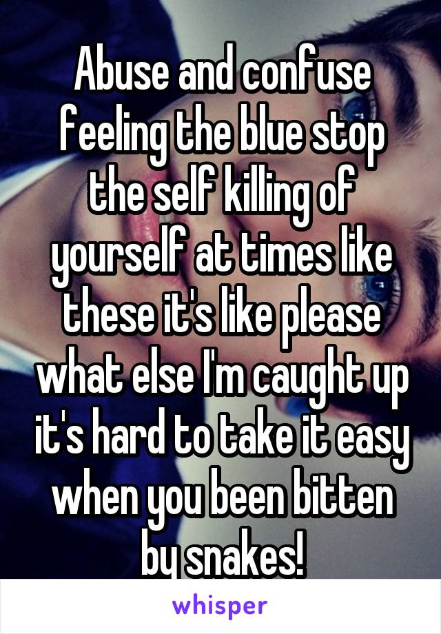 Abuse and confuse feeling the blue stop the self killing of yourself at times like these it's like please what else I'm caught up it's hard to take it easy when you been bitten by snakes!