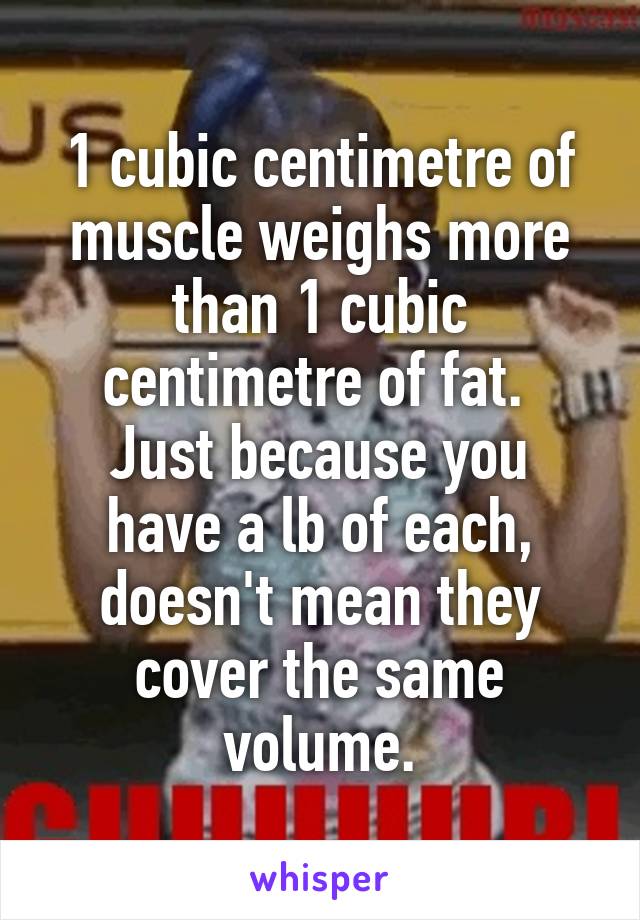 1 cubic centimetre of muscle weighs more than 1 cubic centimetre of fat. 
Just because you have a lb of each, doesn't mean they cover the same volume.