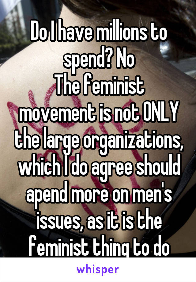 Do I have millions to spend? No
The feminist movement is not ONLY the large organizations, which I do agree should apend more on men's issues, as it is the feminist thing to do