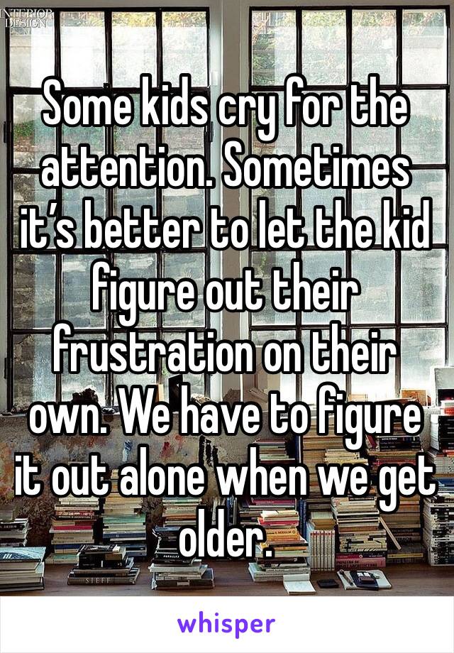 Some kids cry for the attention. Sometimes it’s better to let the kid figure out their frustration on their own. We have to figure it out alone when we get older. 