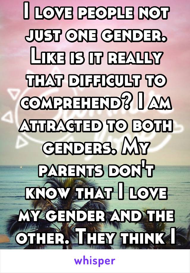 I love people not just one gender. Like is it really that difficult to comprehend? I am attracted to both genders. My parents don't know that I love my gender and the other. They think I like guys...